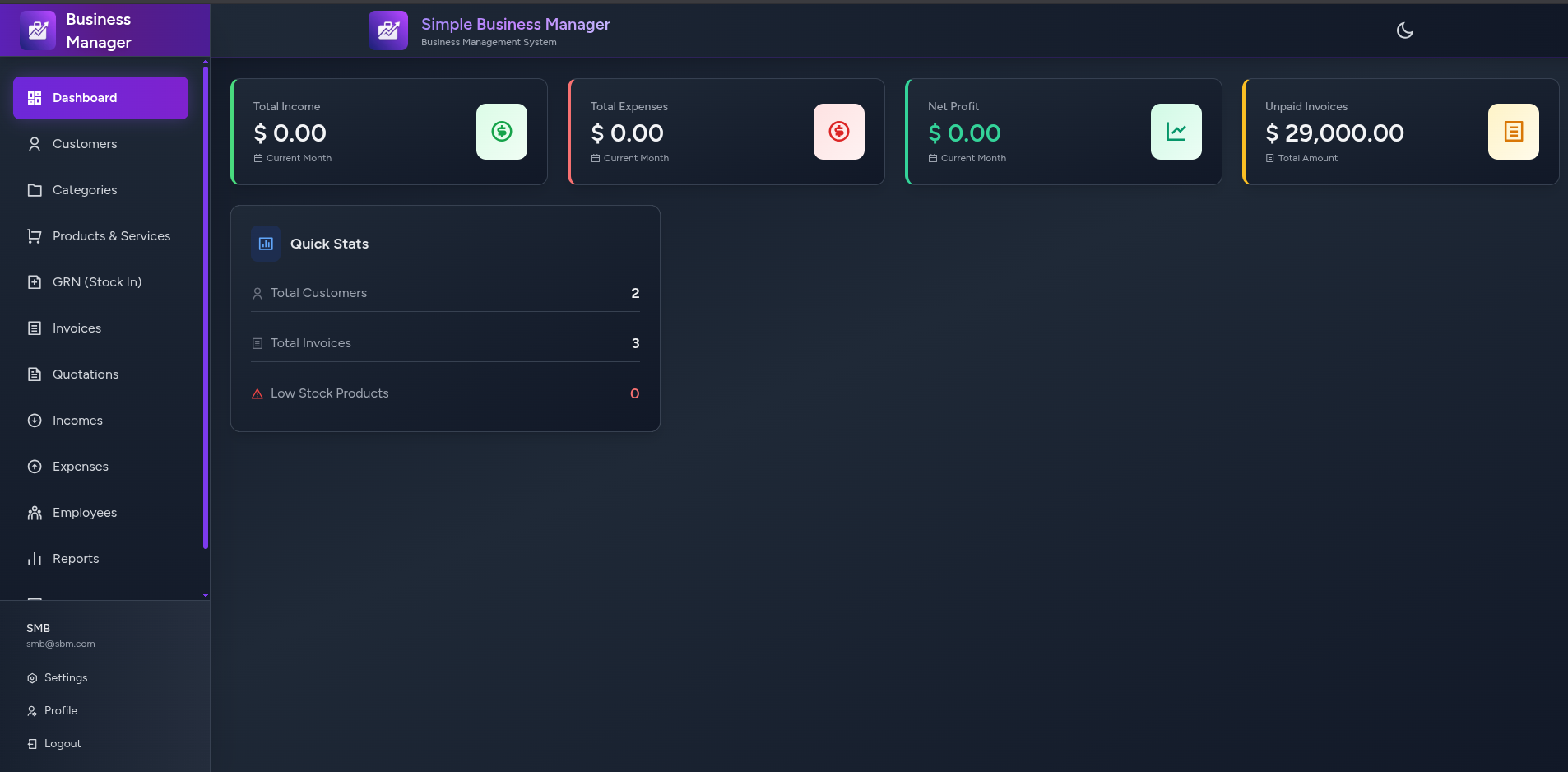 Business Manager Dashboard Preview